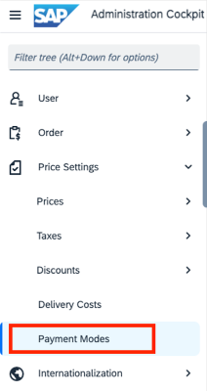 Screenshot of Payment Modes configuration menu